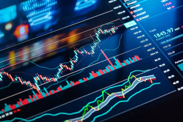 Image showing a close-up of a price chart with annotated trendlines, support and resistance levels, and key technical indicators, representing the tools and principles of technical analysis used by traders to identify trading opportunities.